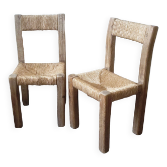Paire de chaises brutaliste en bois et paille