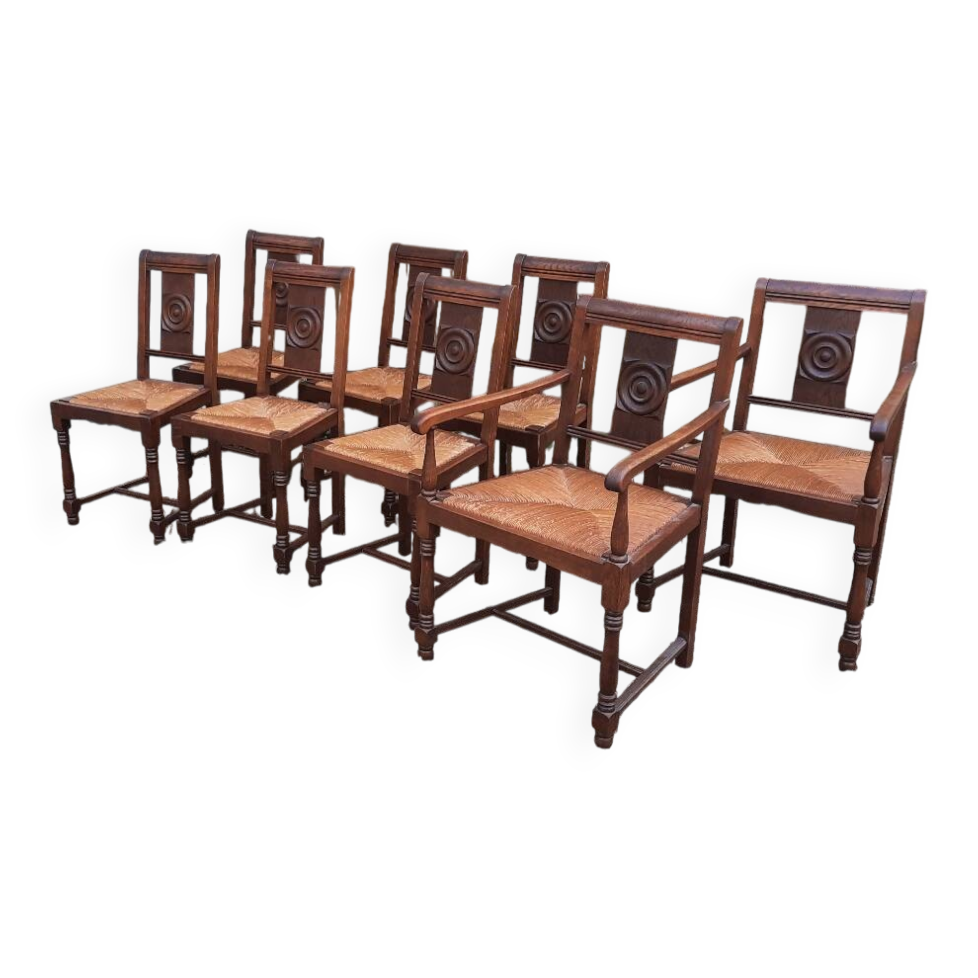 6 chairs and two brutalist armchairs