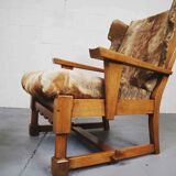 Brutalist oak lounge chair and ottoman