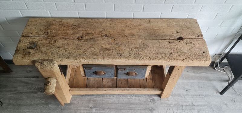 Old carpenter's workbench two drawers, industrial furniture