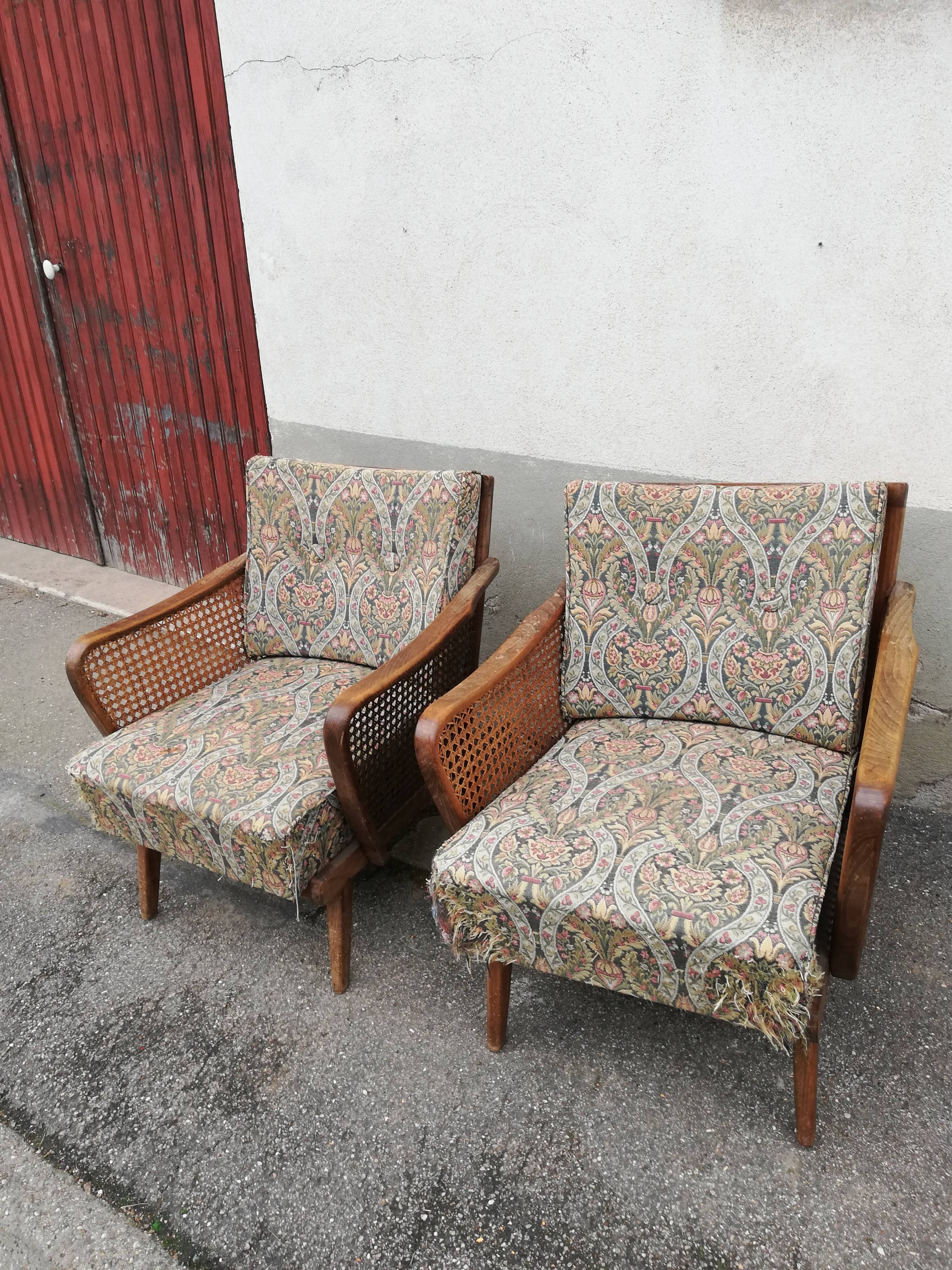Paire de fauteuils vintage pieds compas et cannage