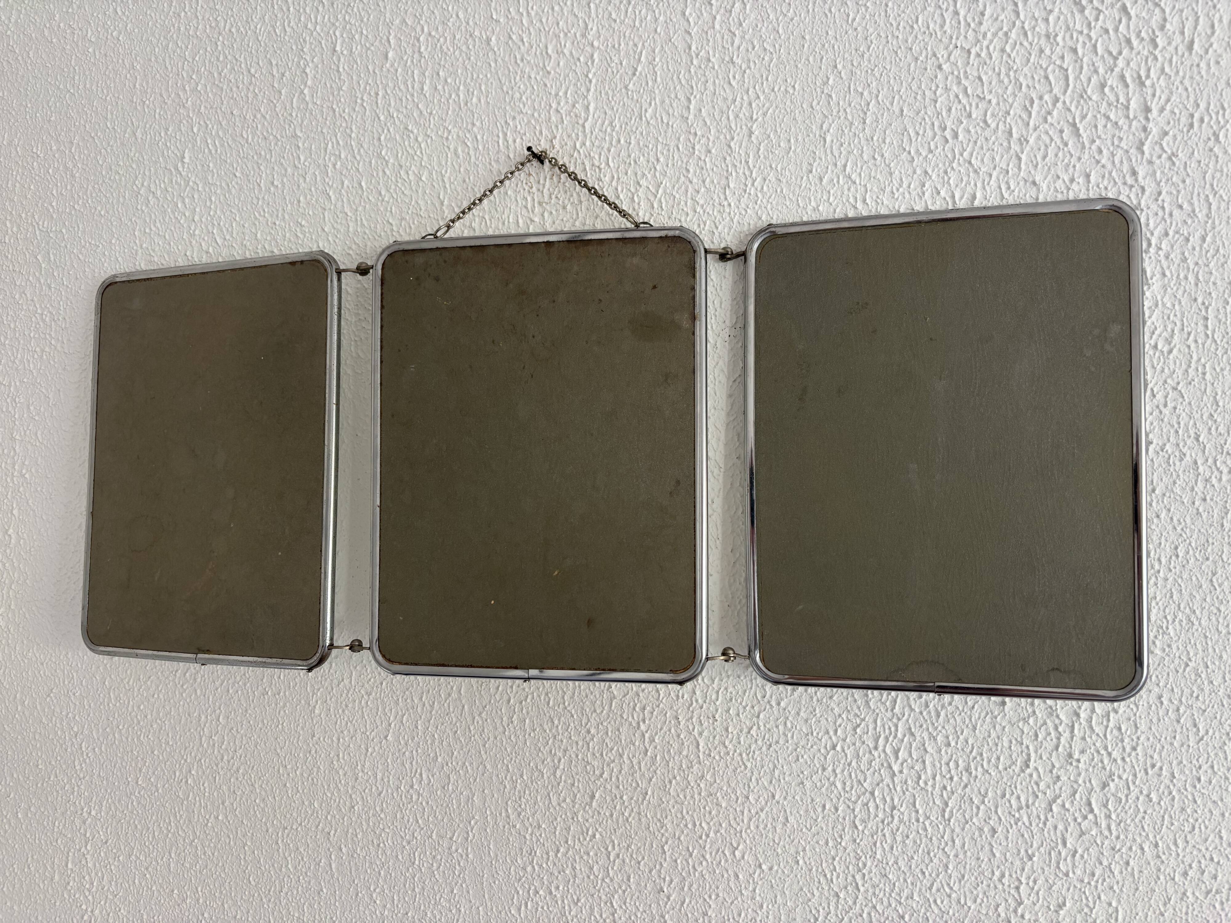 Miroir vintage 1960 triptyque barbier argenté Arpin - 28 x 70 cm