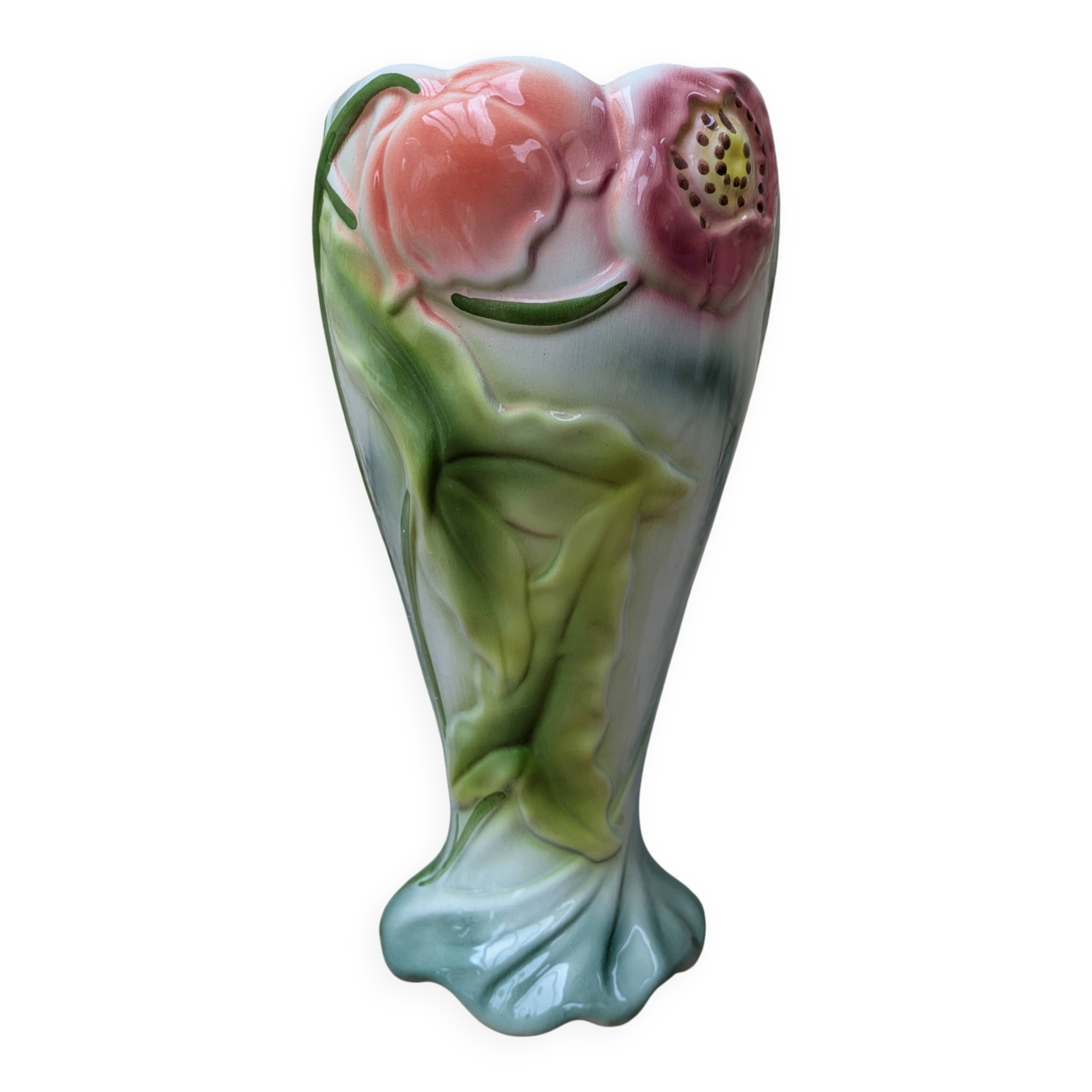 Antique large slipware vase decorated with anemones, Saint Clément, H30cm.