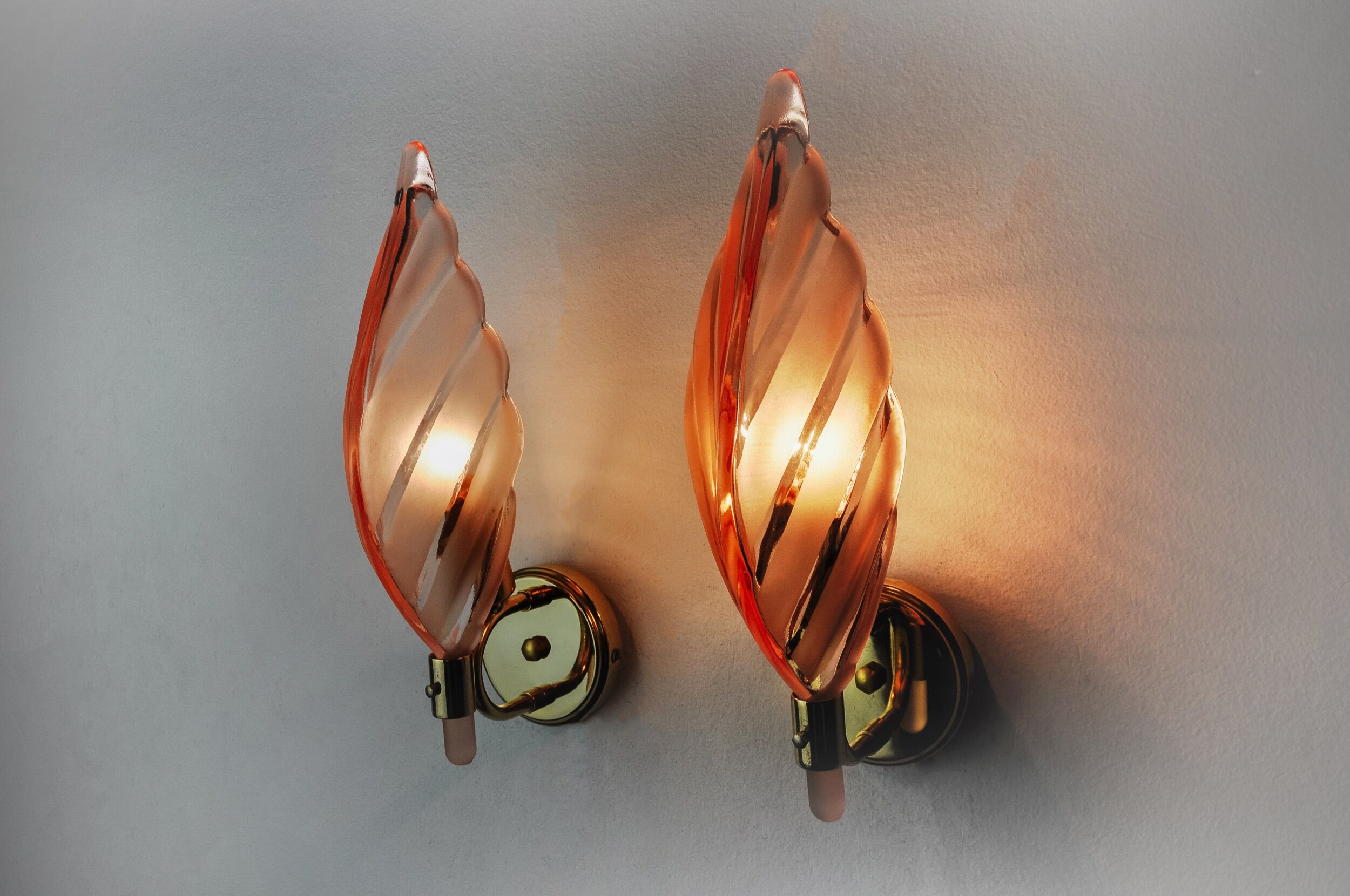 Pair of pink leaf sconces, mazzega murano, italy 1970