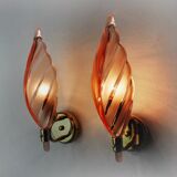 Pair of pink leaf sconces, mazzega murano, italy 1970