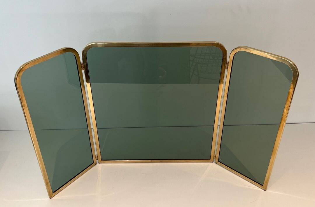 Three-Panel Folding Fire Screen in Tinted Green Glass with Brass Frame