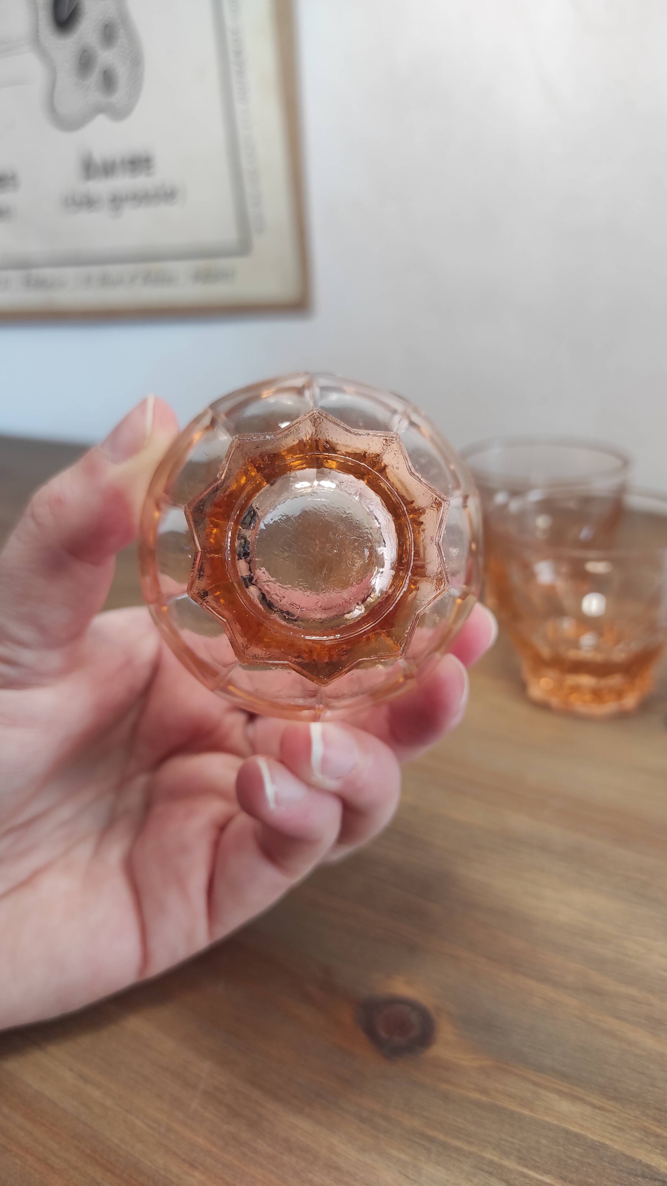 Set of 6 vintage Rosaline liqueur glasses in translucent pink glass