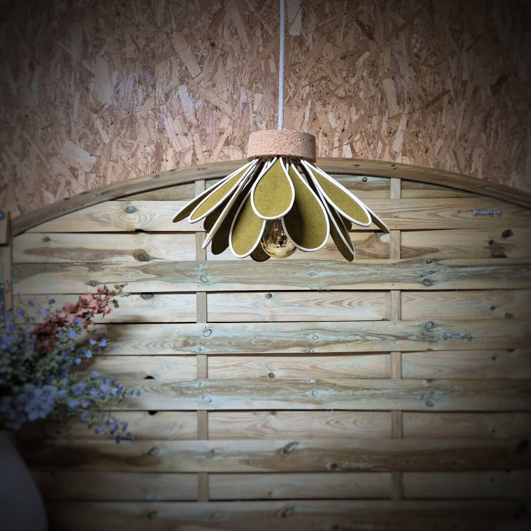 Iris flower pendant, 16 petals in olive green rattan and linen.