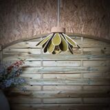 Iris flower pendant, 16 petals in olive green rattan and linen.