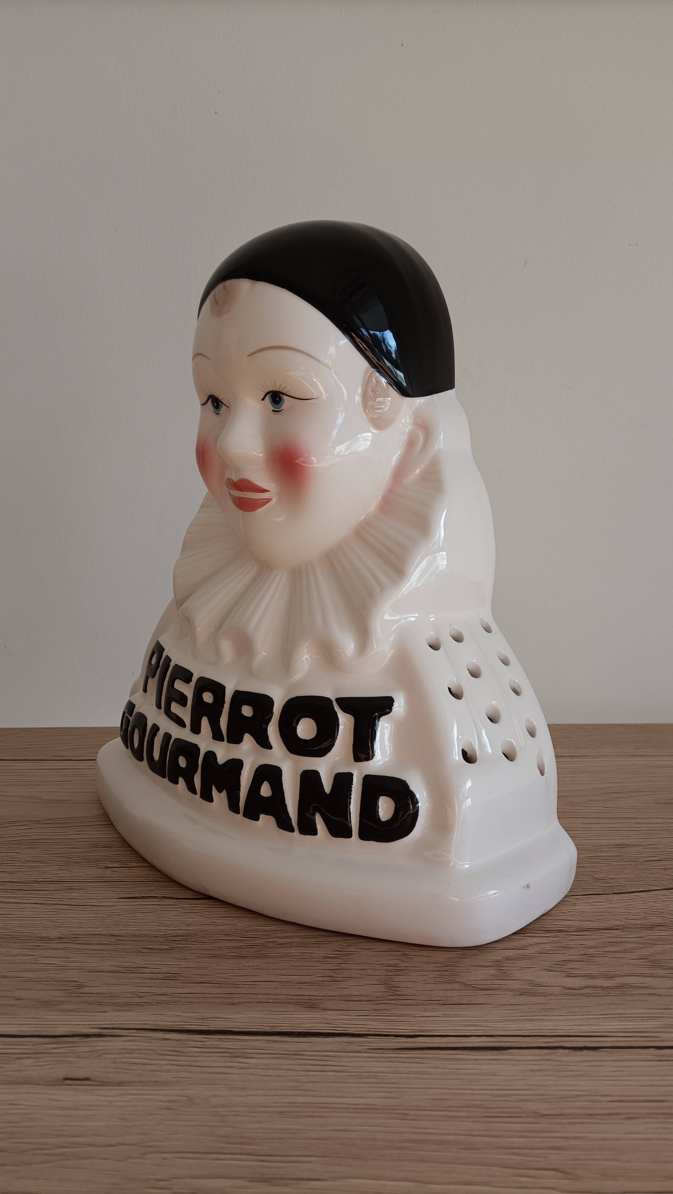 Présentoir à sucettes publicitaire buste pierrot gourmand en porcelaine