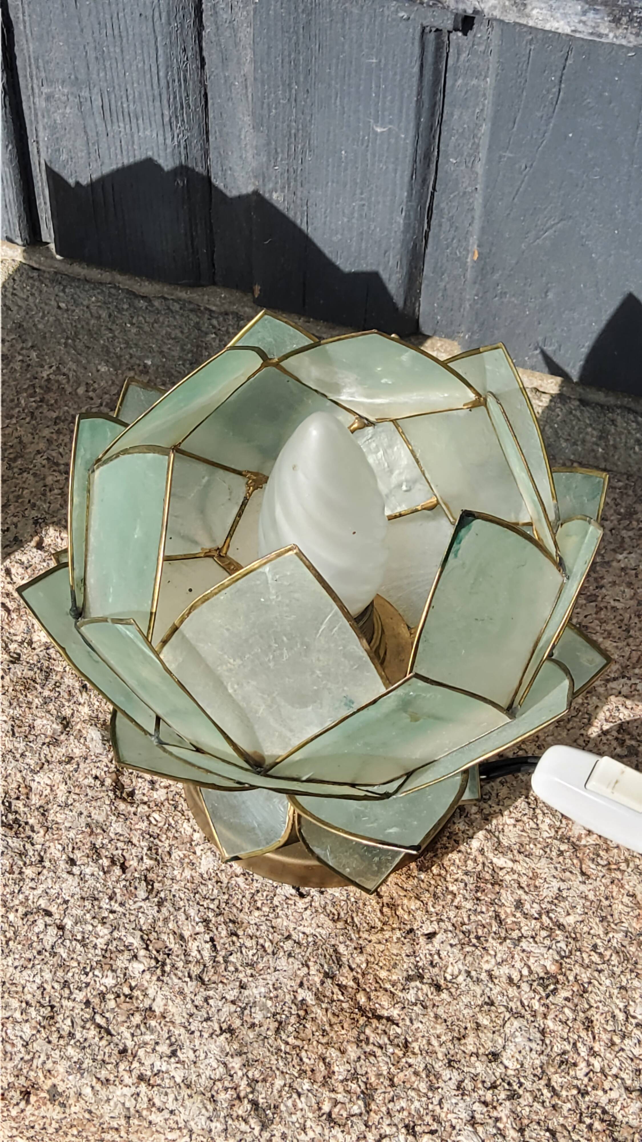Pair of designer table lamps in turquoise blue green capiz mother-of-pearl from the 70s