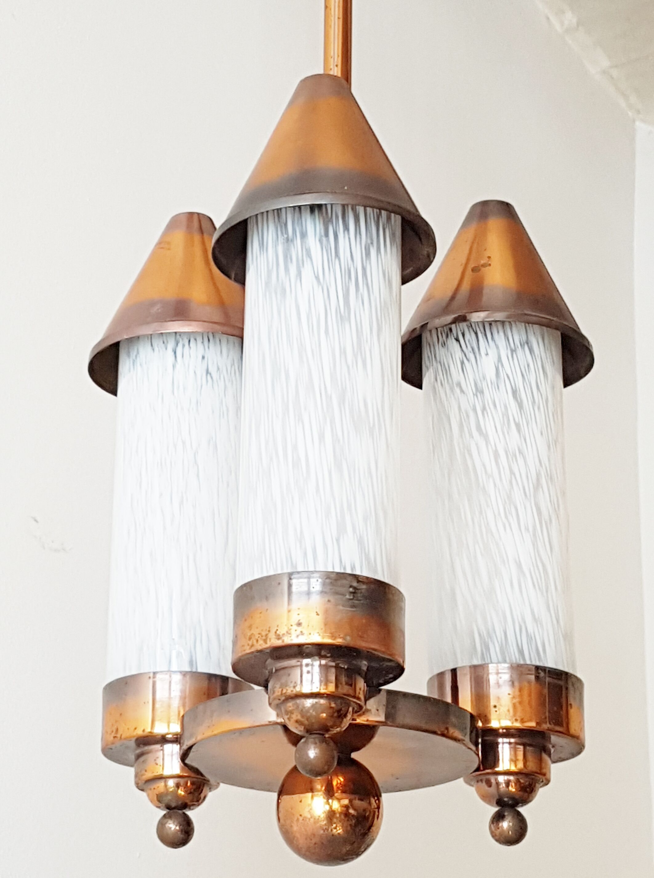 Art deco brass chandelier and glass