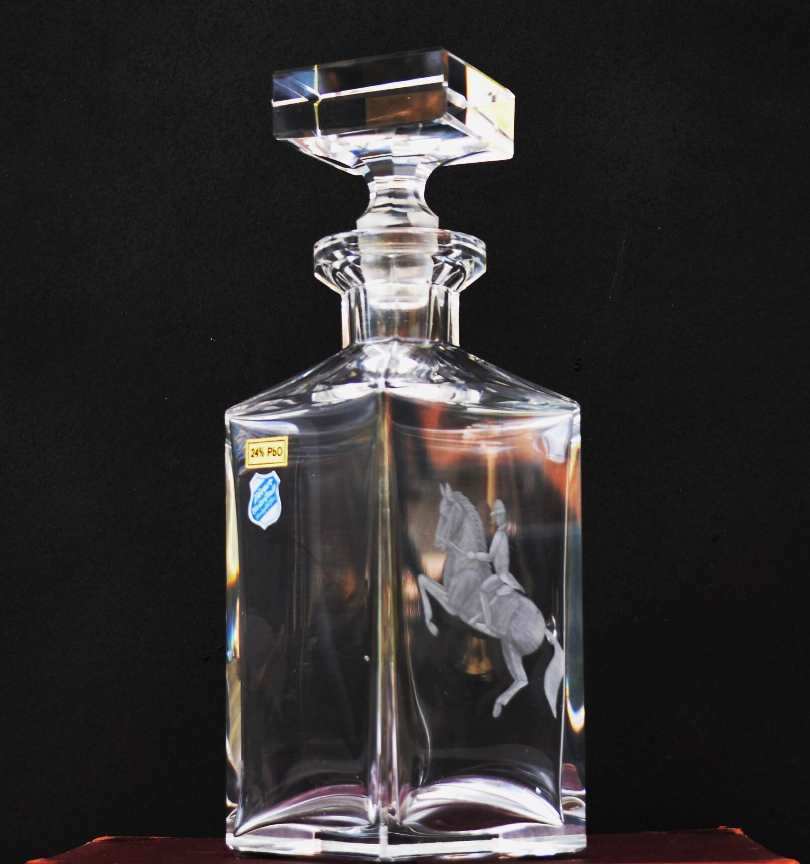 Vintage Mid Century Whiskey Square Engraved Jockey Decanter Lead Crystal