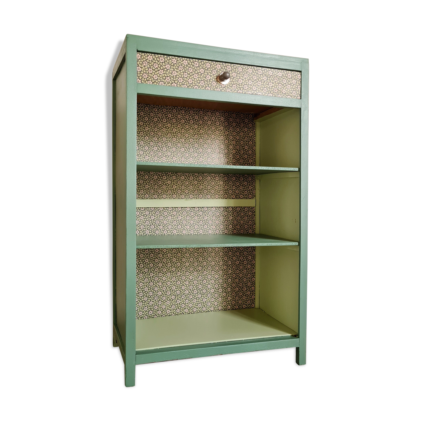 Renovated library shelf green color and floral atmosphere