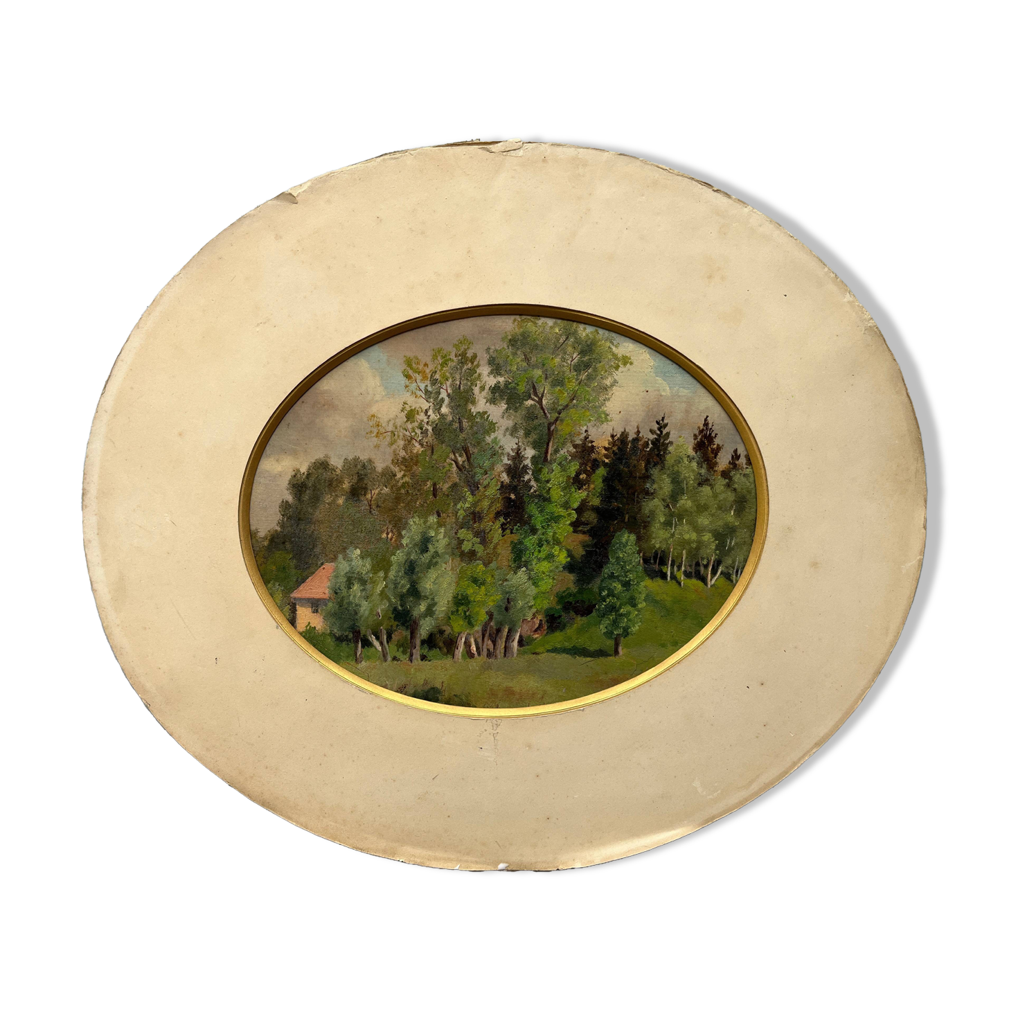 Tableau HSP "Paysage de forêt avec maison" XIX° siècle