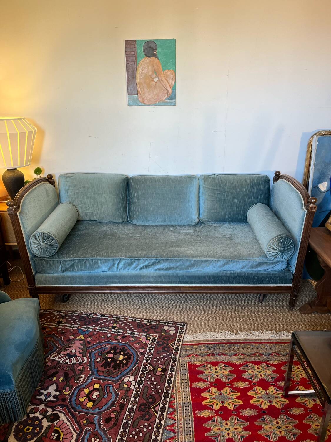Vintage Louis XVI style blue velvet sofa