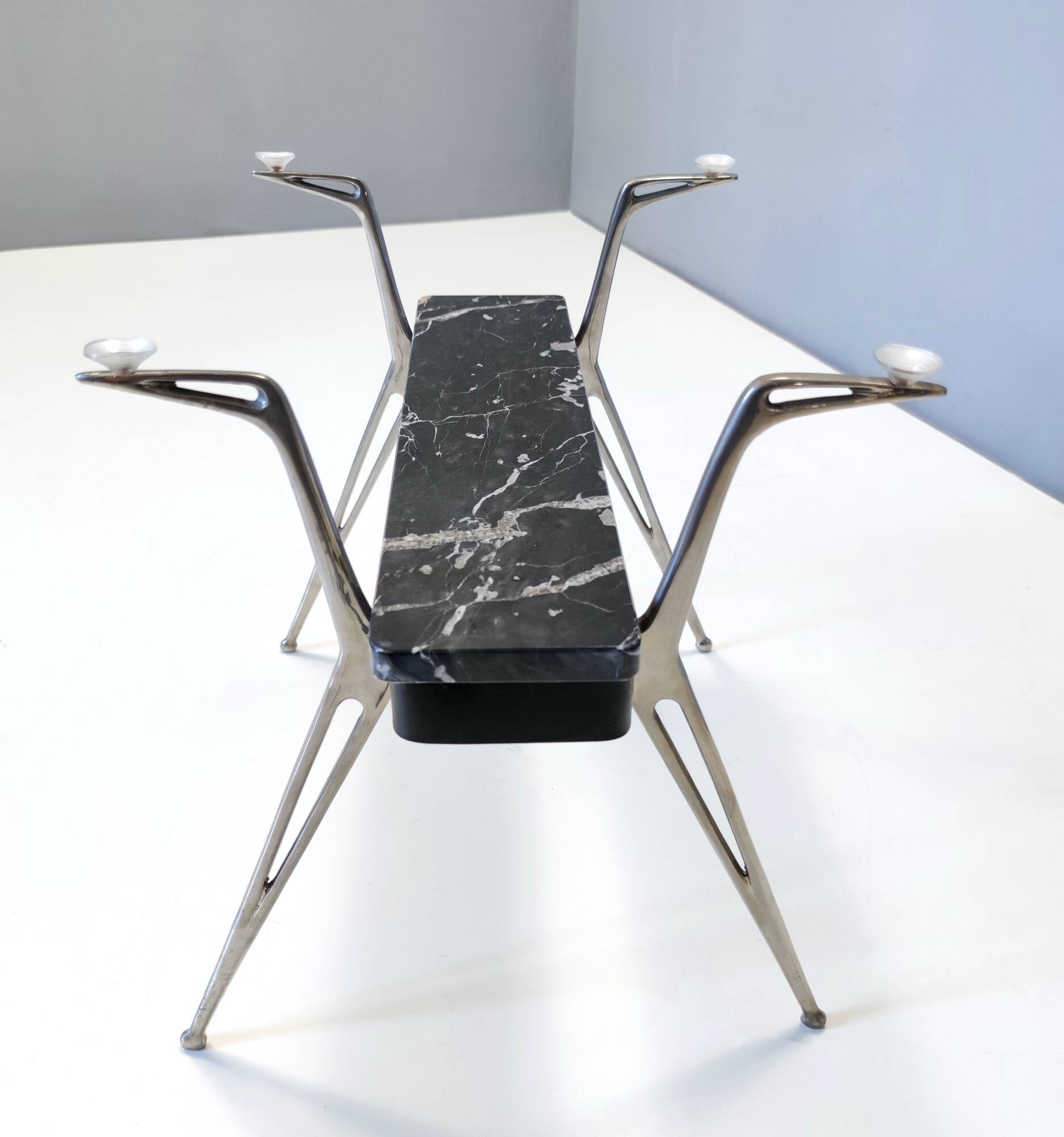 Vintage Oval Glass Coffee Table with Portoro Marble and Iron Base, Italy