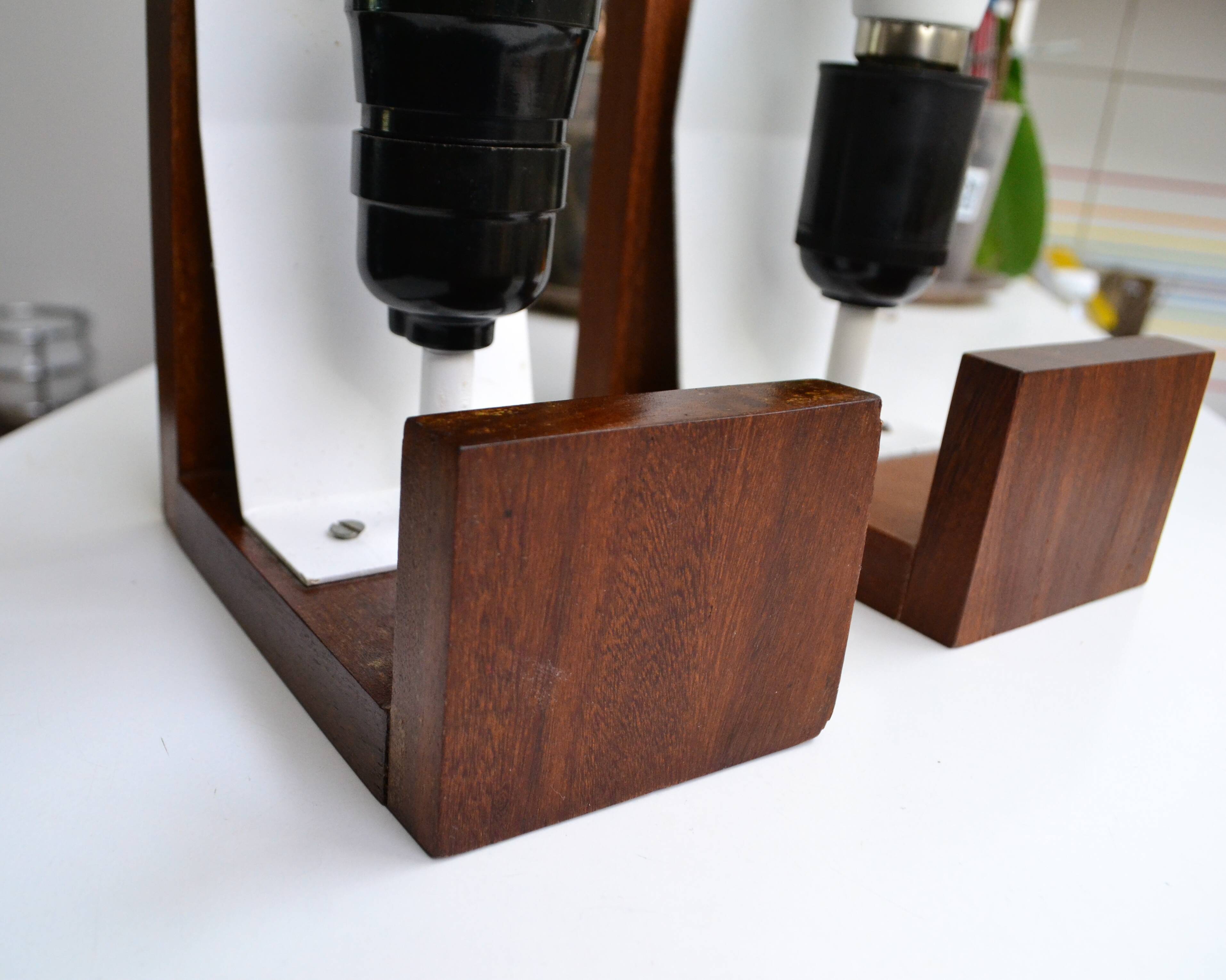 Pair of Louis Kalff opaline and teak wall lights from the 1950s/60s