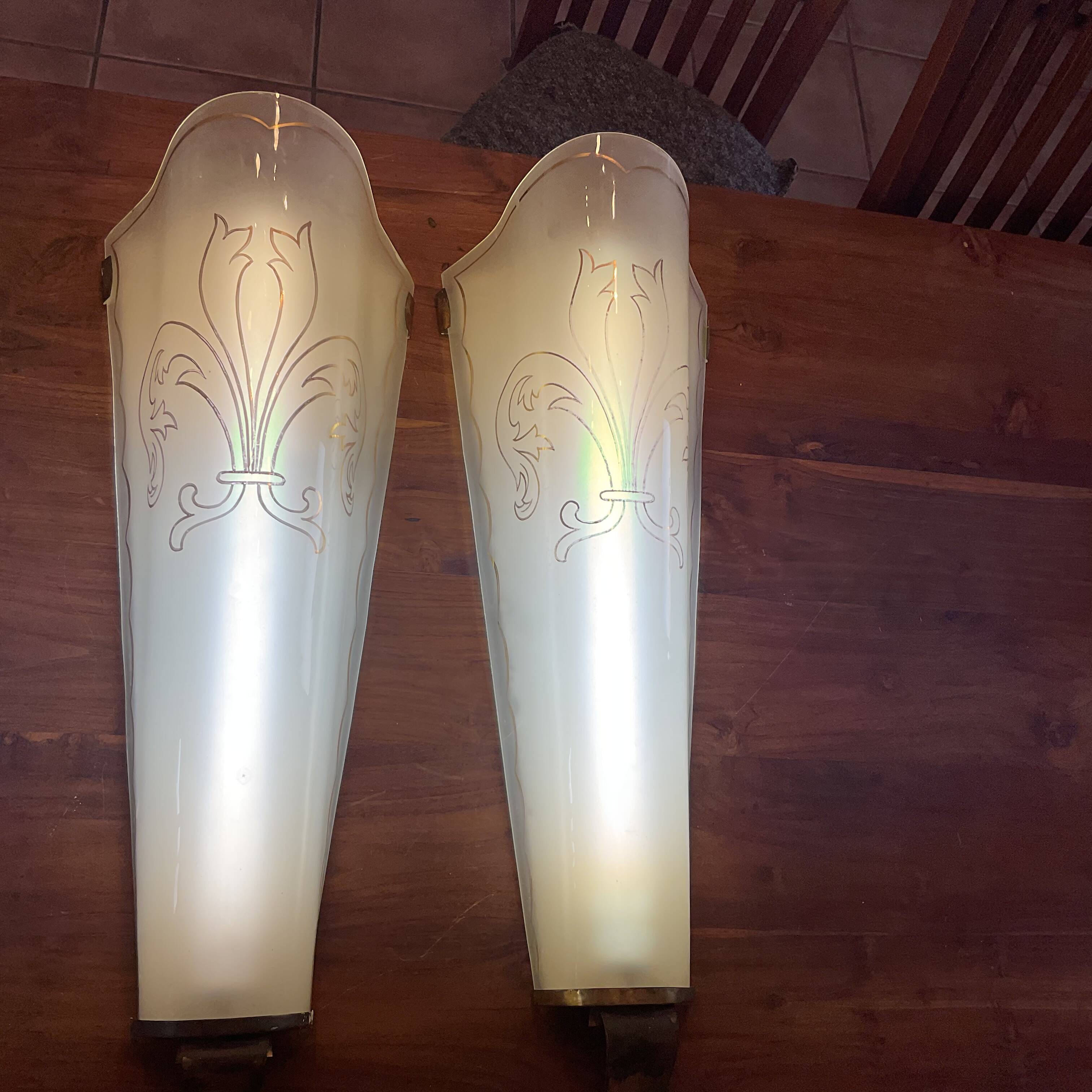 Large pair of art deco domed glass hotel lobby sconces