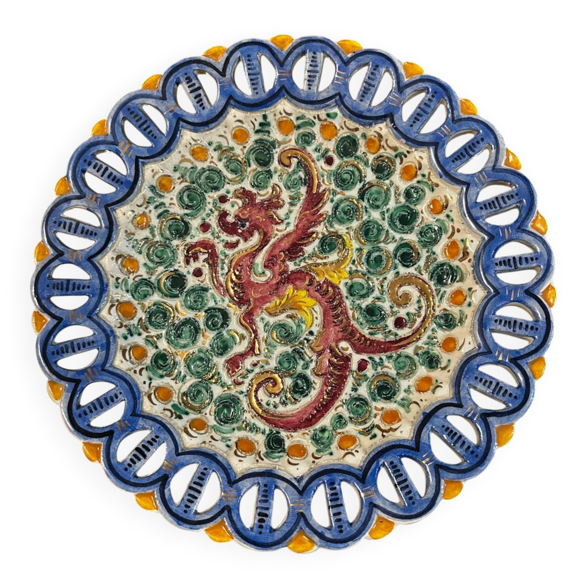 Plate / Ashtray in Massé Frères Earthenware - Relief Decoration of Dragon and F