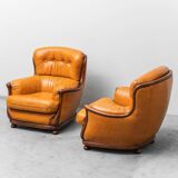 Pair of leather and wood armchairs 1950s vintage modernism