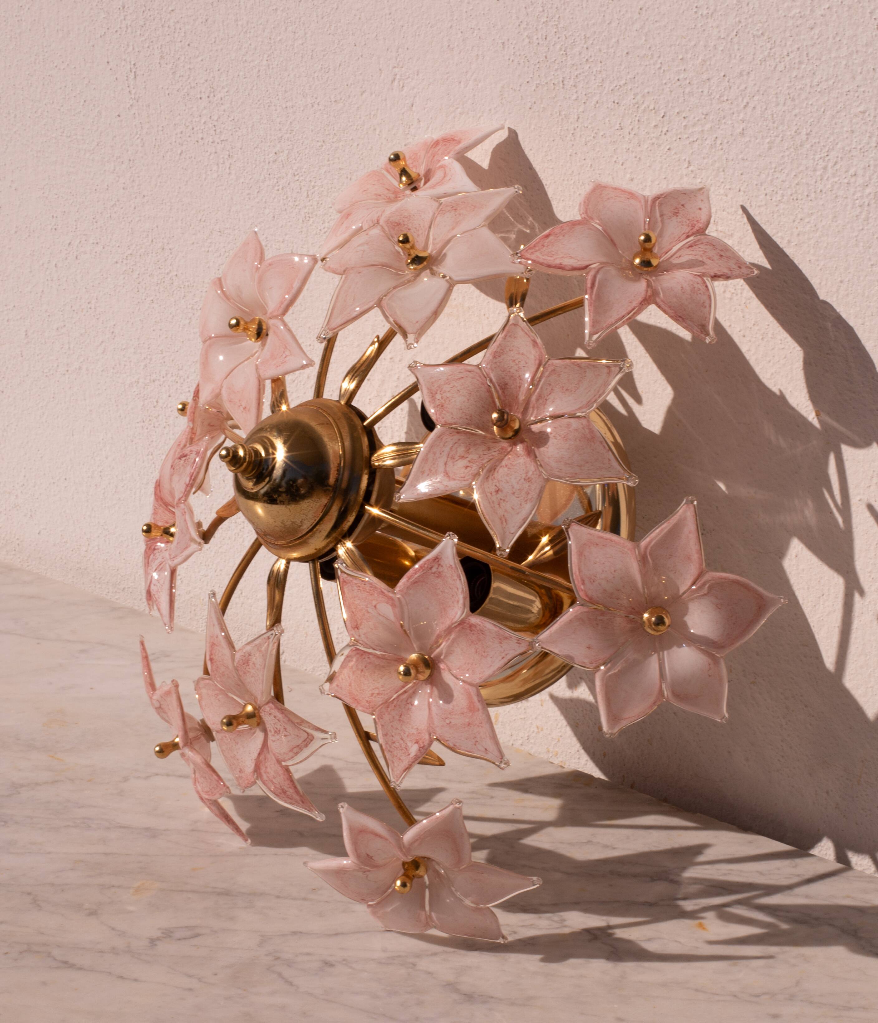 Charming Murano Vintage Ceiling Light Pink Flowers, 1970s