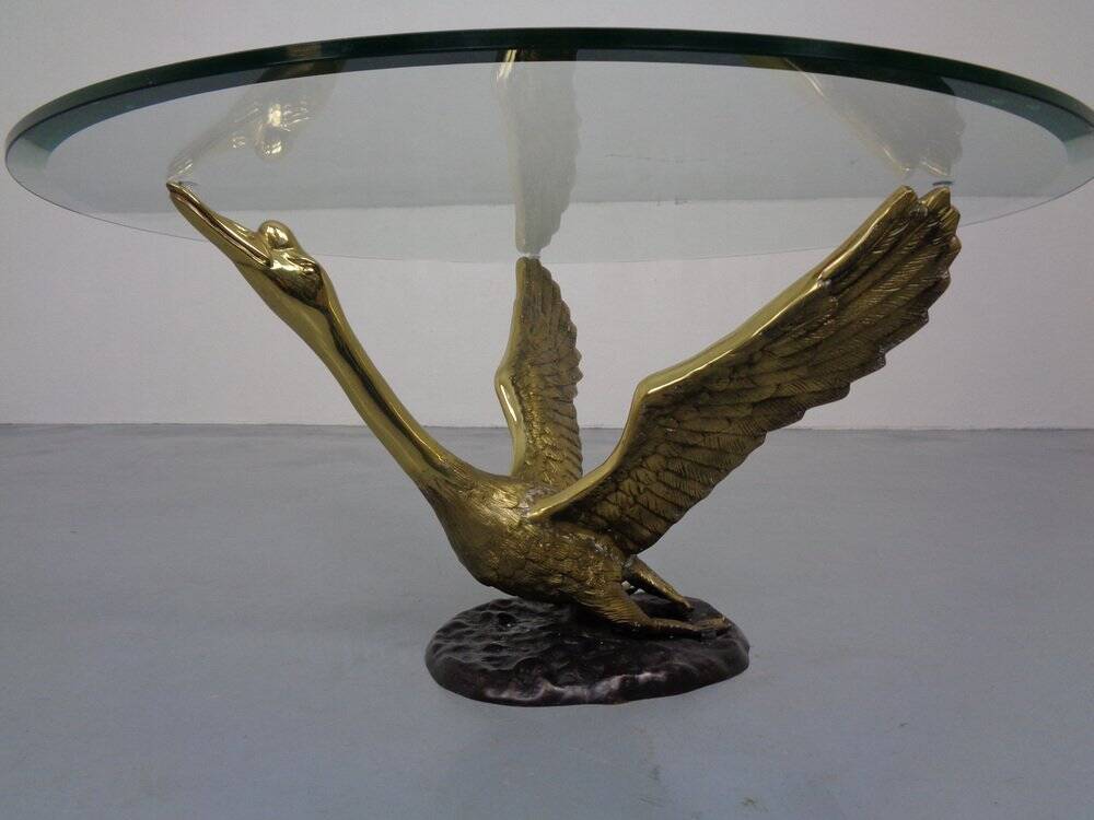 French Swan Coffee Table in Brass and Glass, 1960s