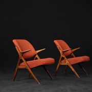 Vintage scandinavian modern oak & crimson fabric nya flugan armchairs from bröderna anderssons