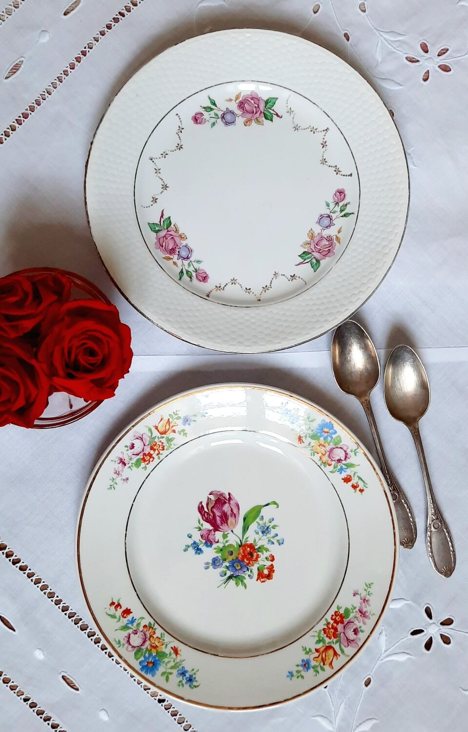 Antique dessert plates mismatched in earthenware with gilded edges