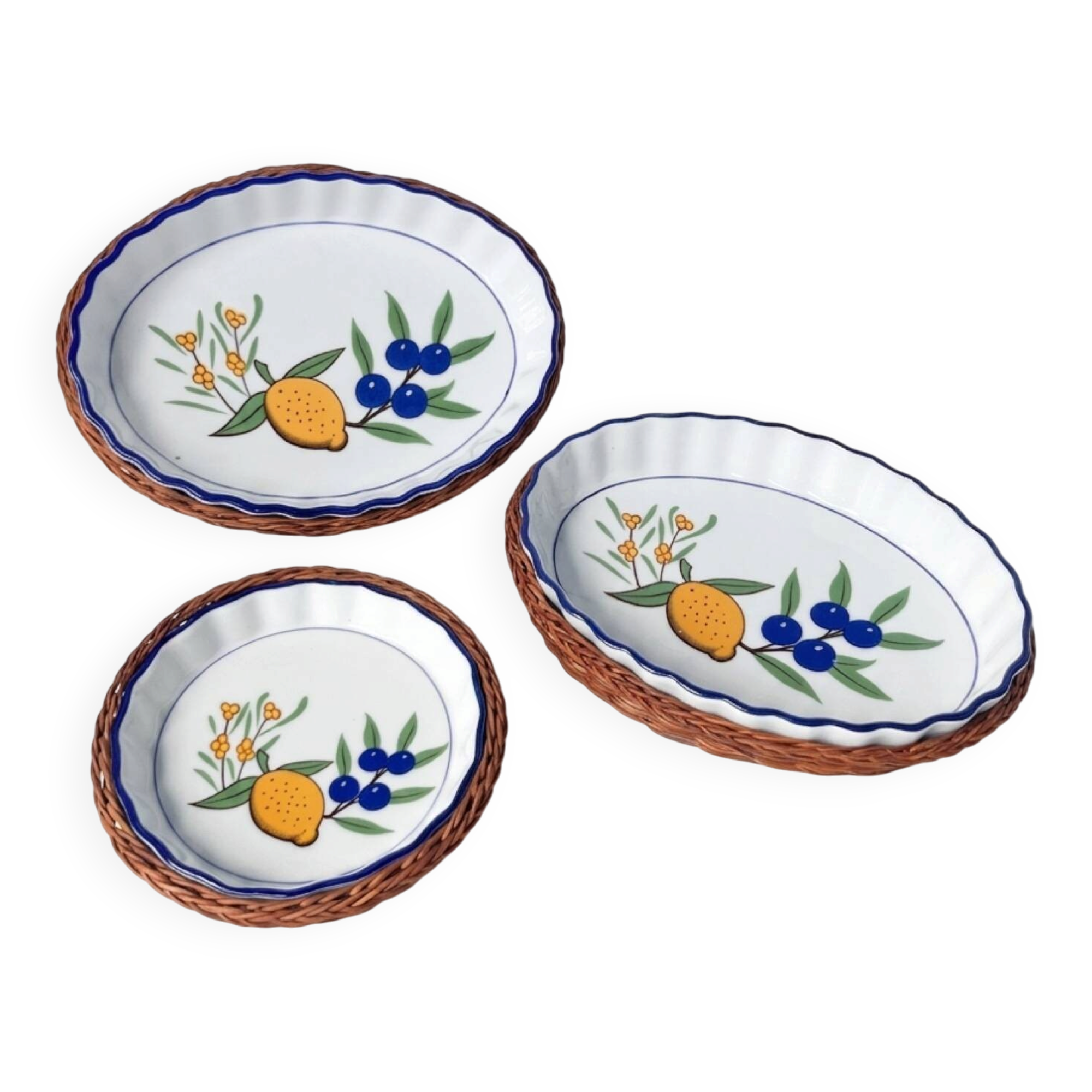 Set of 3 vintage ceramic dishes with wicker baskets.