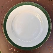 Round earthenware plate Digoin Sarreguemines Berry green with golden frieze.