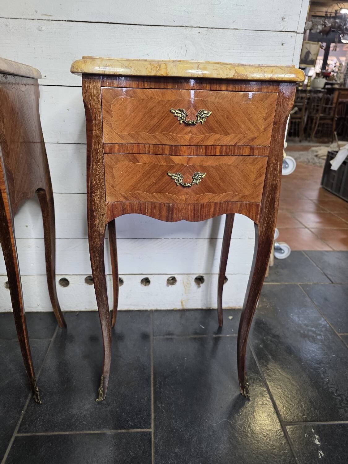 Pair of Louis XV style curved bedside tables in marquetry