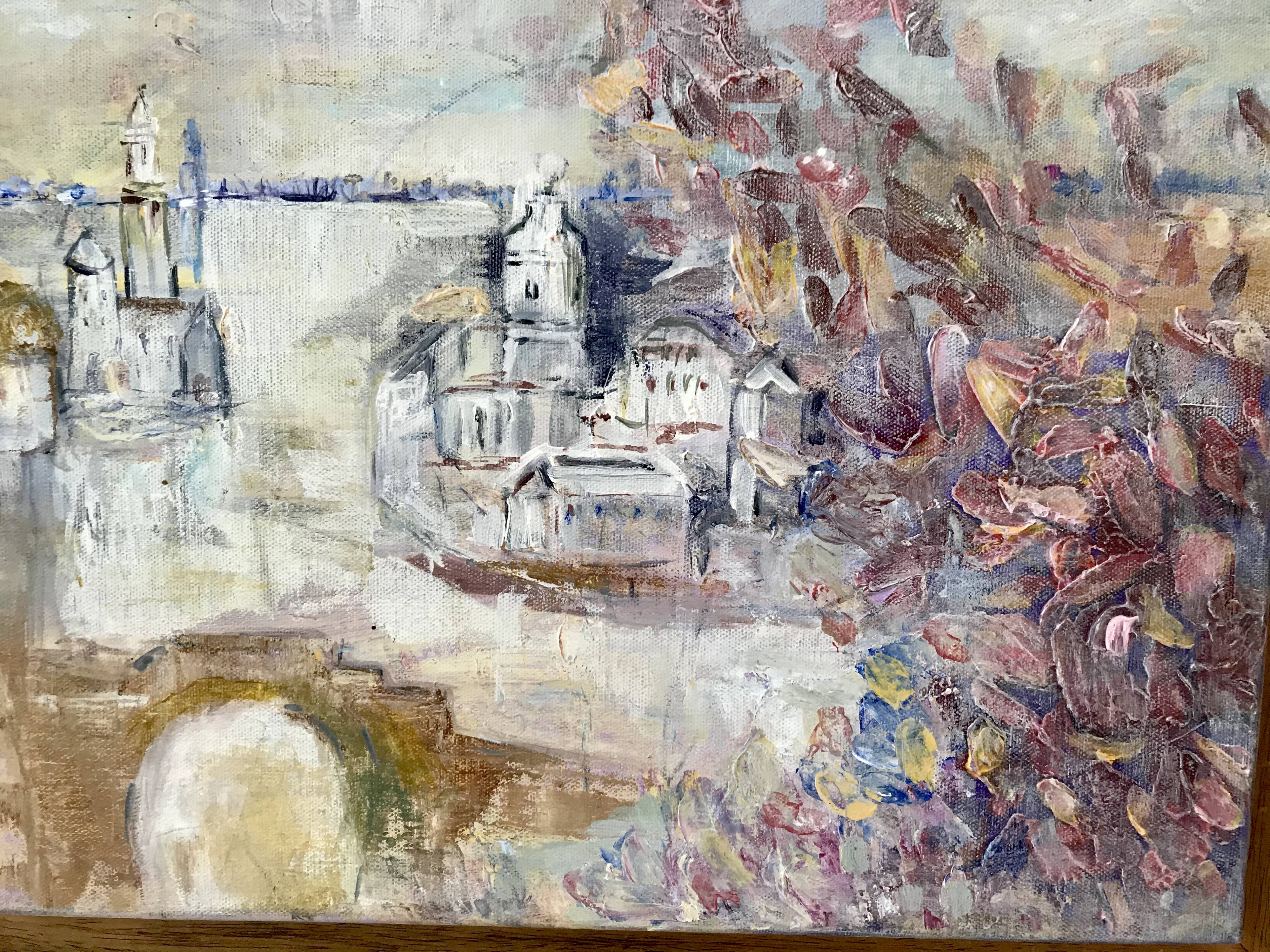 Painting oil on canvas city and trees framed pastel tones signed vintage