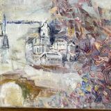 Painting oil on canvas city and trees framed pastel tones signed vintage