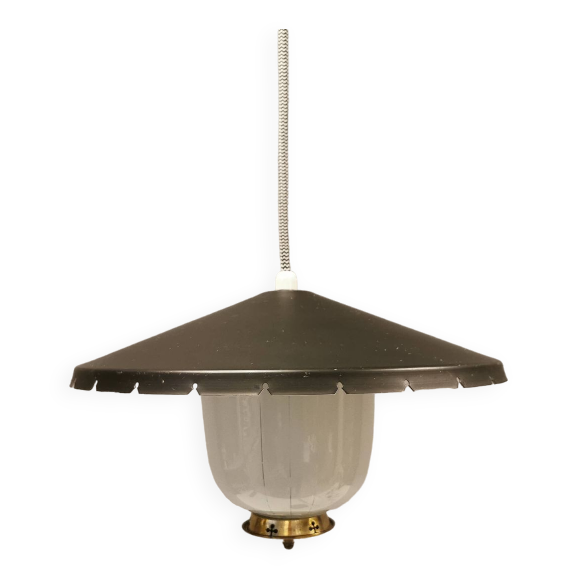Hanging lamp in glass with black lacquered metal shade and brass base.