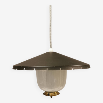 Hanging lamp in glass with black lacquered metal shade and brass base.