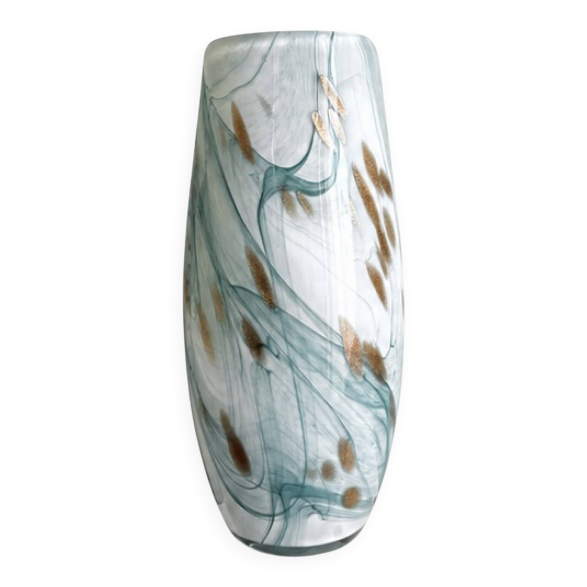 Blown glass vase marbled in white, water green, and with golden inclusions –
