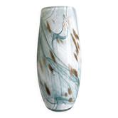 Blown glass vase marbled in white, water green, and with golden inclusions –