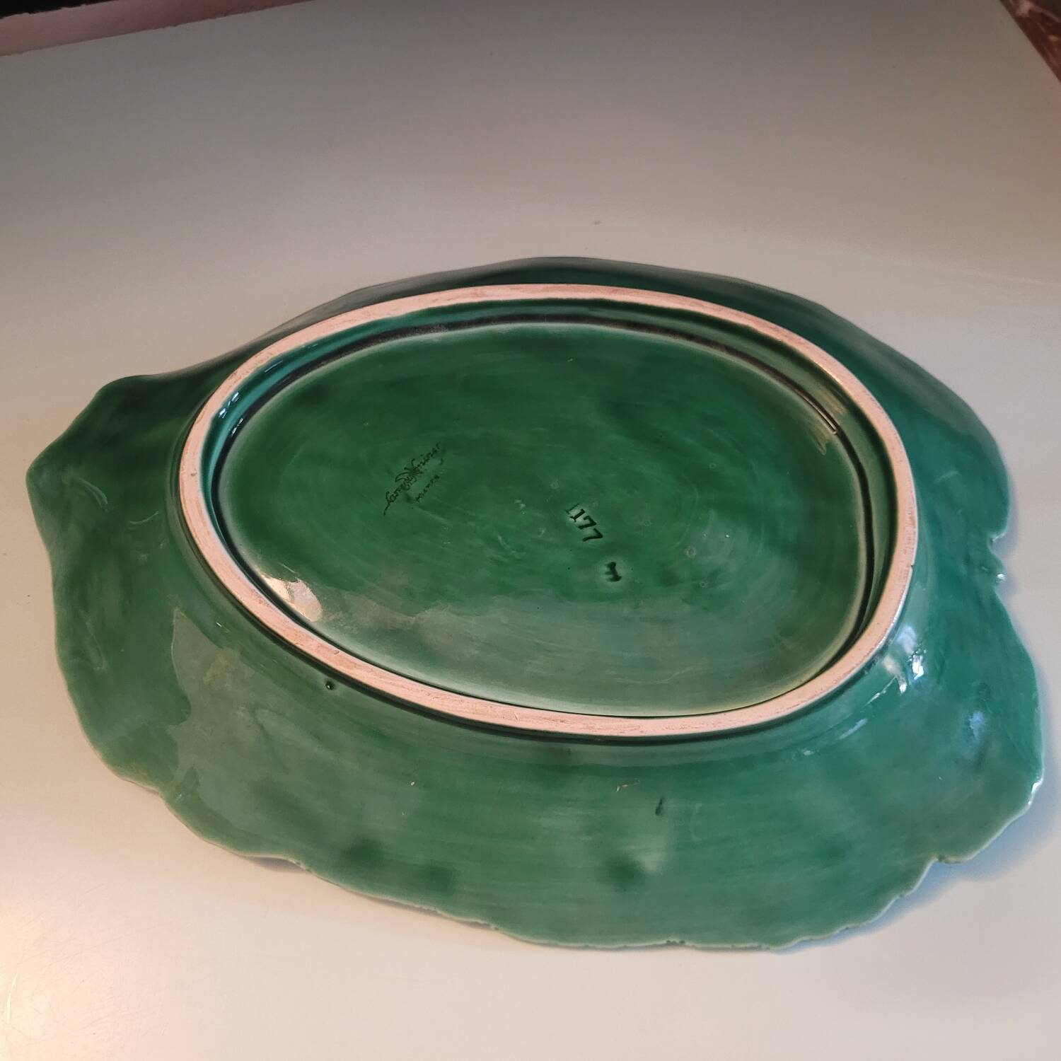 Green earthenware leaf dish – Sarreguemines France, circa 1955