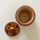 Vintage small round box with lid in light wood carved in relief decorated painted