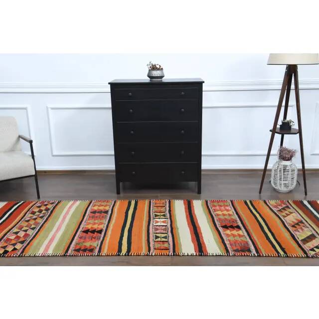 Vintage Turkish Oushak Handmade Wool Cotton Orange Runner Rug 97x315