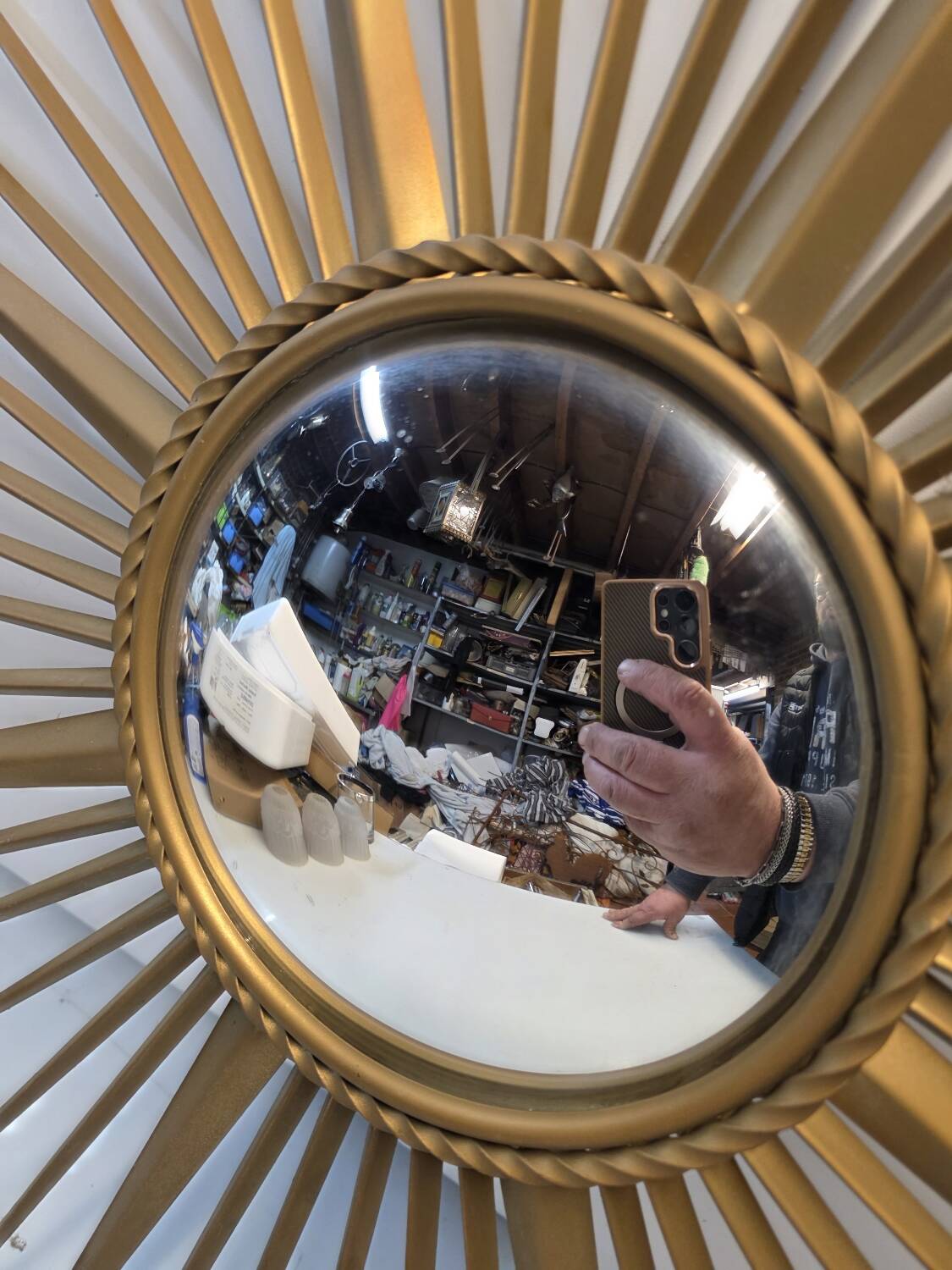 Golden metal witch's eye sun mirror from the 70s, 86cm.