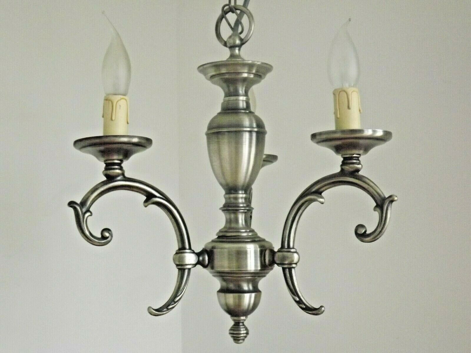 French brushed silver metal 3 light chandelier scroll leaf detail