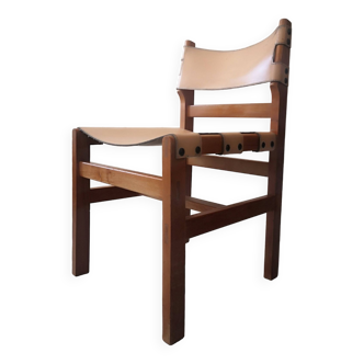 Chair in elm wood and beige leather, maison revival design 1970