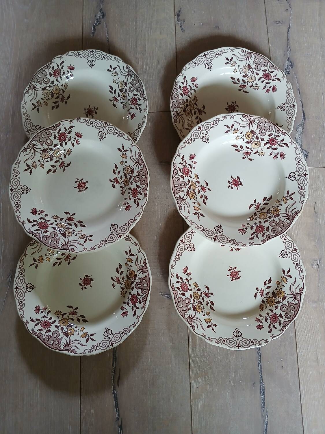 6 polychrome ironstone soup plates