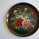 Vintage Russian metal plate with hand-painted floral decoration D 32 cm