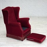 1970s, Danish highback armchair, red furniture velour, ash wood.