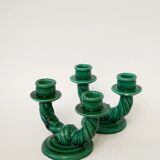 Pair of twisted green ceramic double candlesticks, 1960.