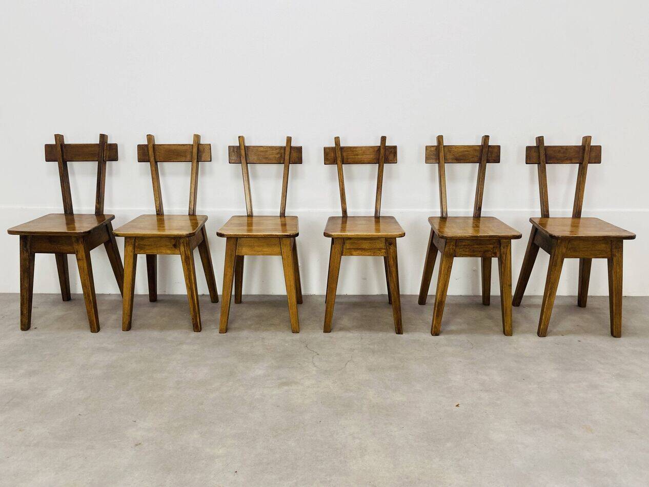 6 brutalist solid wood chairs, chalet decor, vintage
