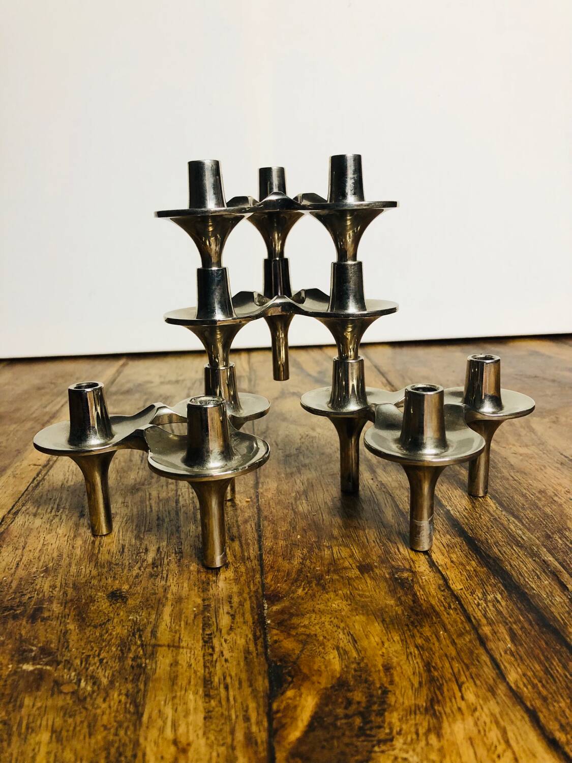 Bougeoirs modulables de métal chromés par Nagel & Stoffi . Set de 4
